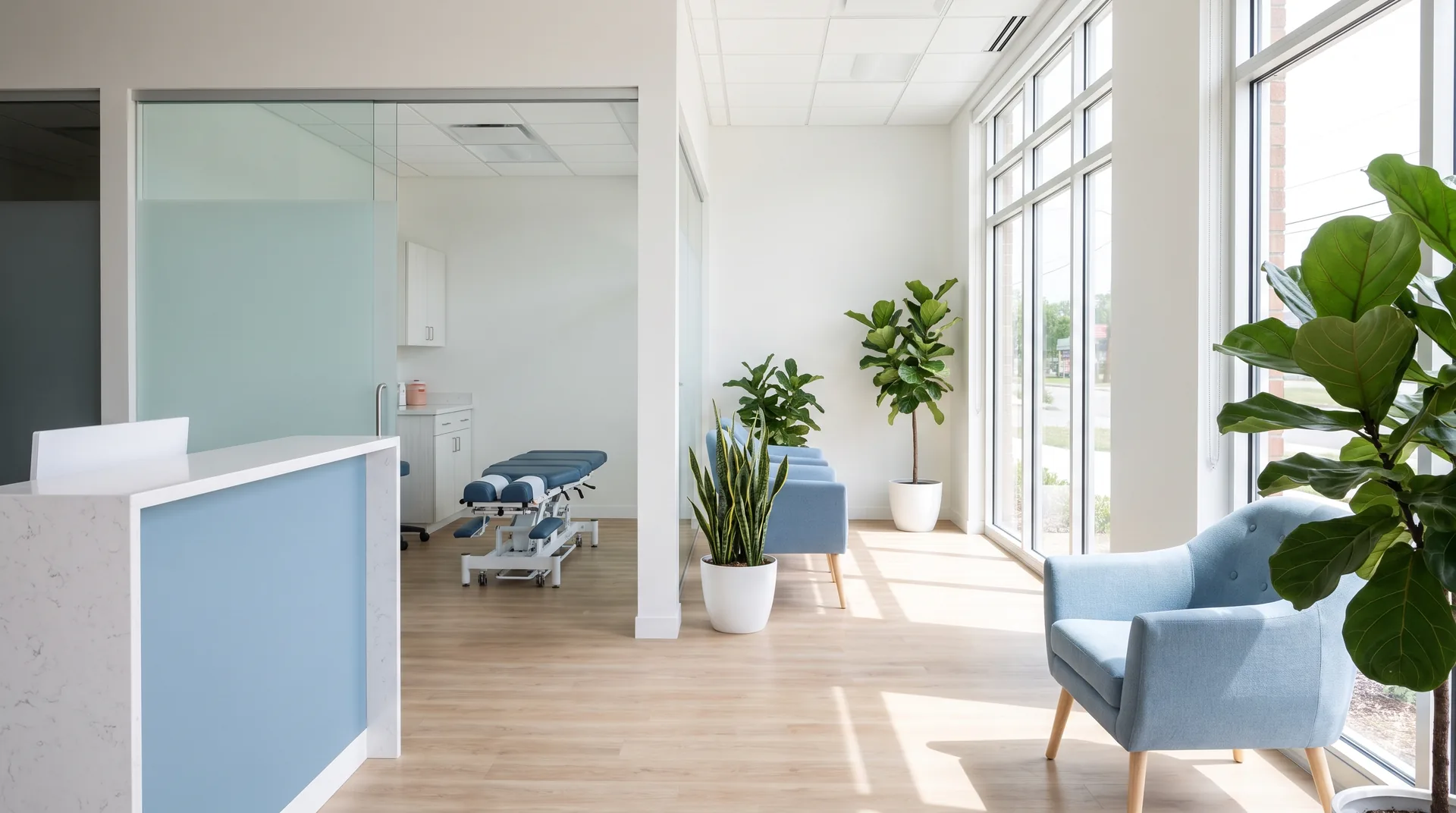 Bright, modern chiropractic treatment room at Capstone Chiropractic Center