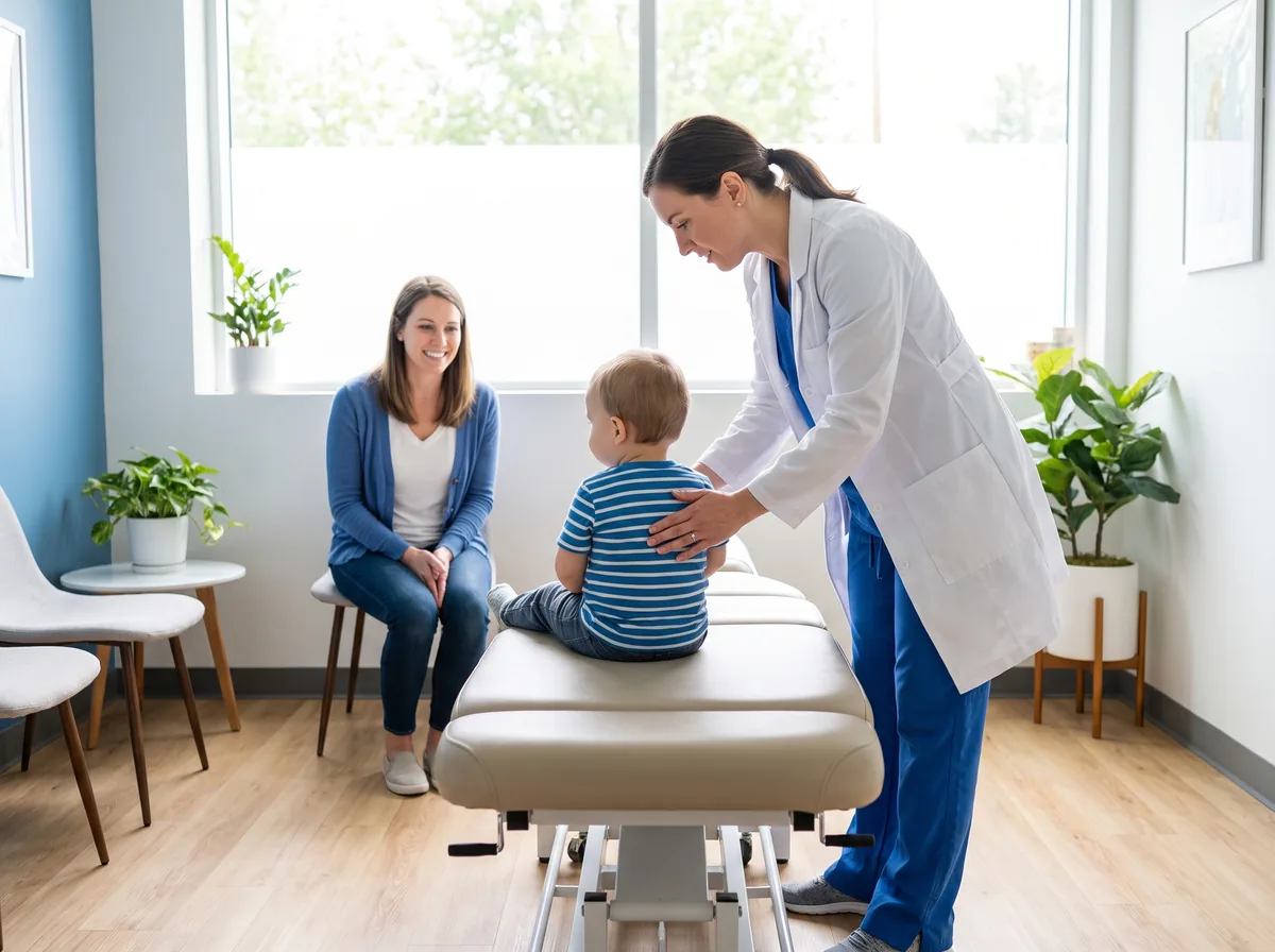 Chiropractor providing gentle pediatric chiropractic care to a child as a parent watches
