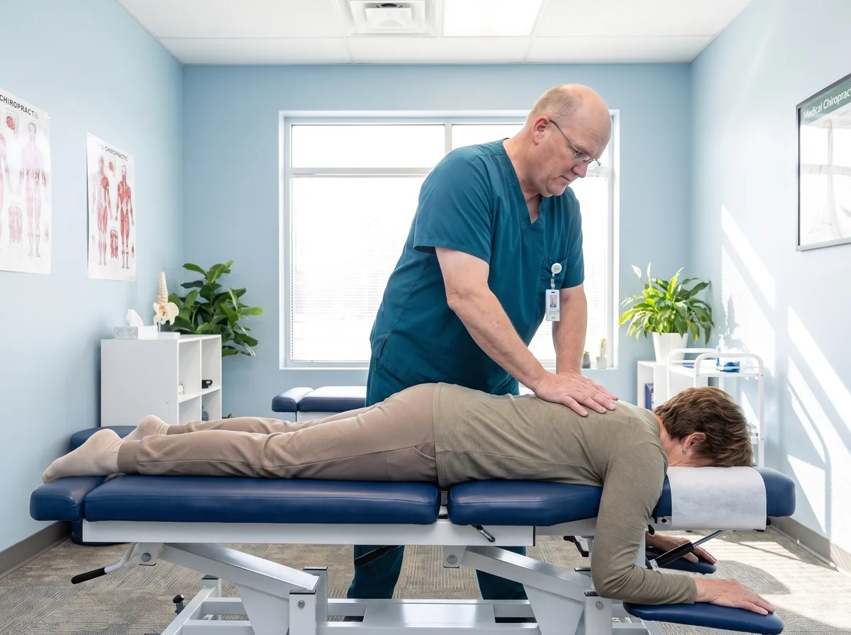 Chiropractor performing a gentle spinal adjustment on a patient at Capstone Chiropractic Center